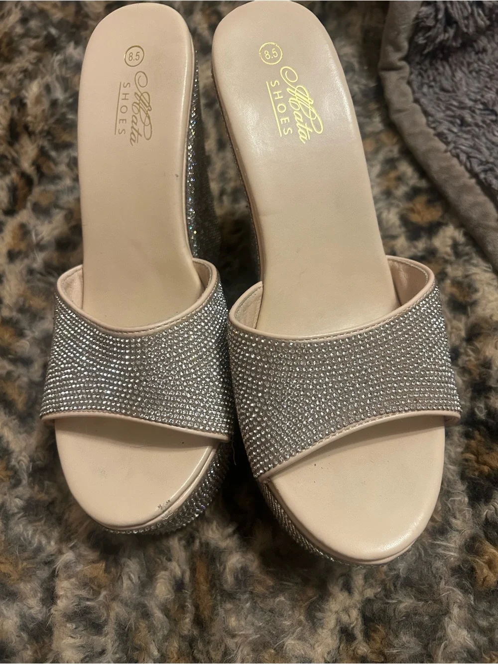 Beige Crystal-Embellished Platform Wedge Sandals